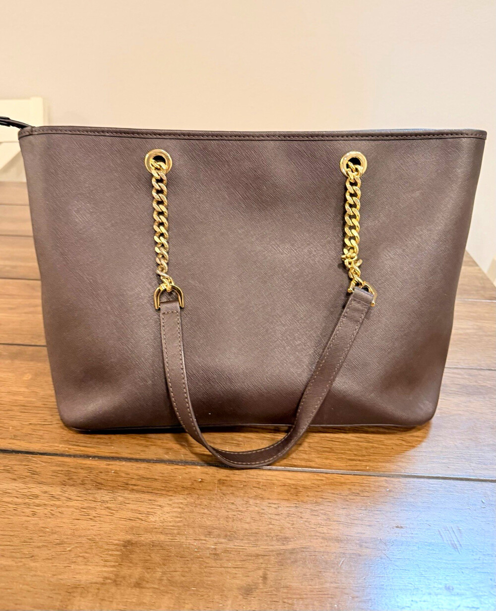 Michael Kors Jet Set Travel Large Chain Tote Brown Saffiano w/ Gold-Tone Chains